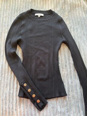 Macy's Black Ribbed Long-Sleeve Sweater with Gold Buttons
